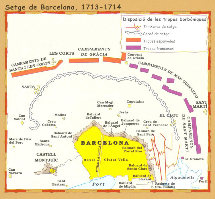 autor: Hernandez Cardona, X. Editorial Teide. Obtingut en:http://www.guerradesuccessio.cat/01conflicte.html mapa del setge a Barcelona, 1714